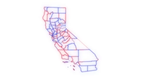 California county map red blue election outline white background seamless loop Vidéo 343867589