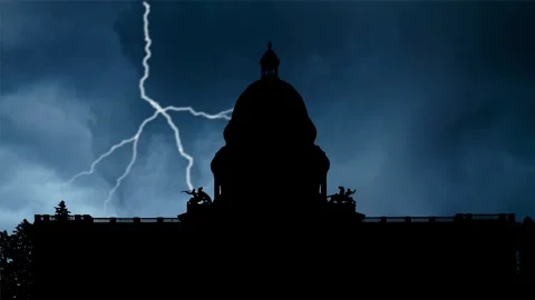 California: Lightning Flash over Dark Silhouette of State Capitol building Stock Footage 297269812