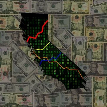 California map with hex code and graphs on dollars illustration Stock Illustration