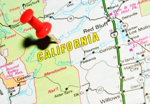 California marked with red pushpin on the map Stock Photos