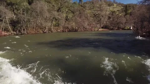 California River - tilt down to view whitewater rapids  (Mokelumne River) Stock Footage 169495310