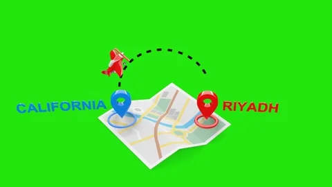 California to Riyadh 3D Flight Animation with Airplane, Map, and Green Screen Video stock 306923193