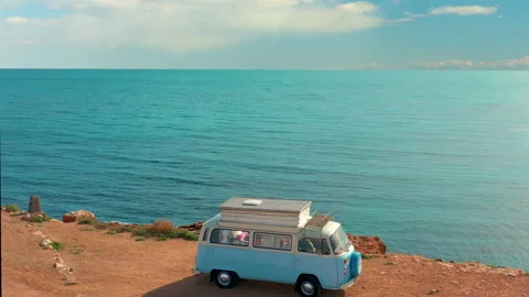 California, United States, 30 september, 2021: Aerial view. VW bus van on a Stock Footage