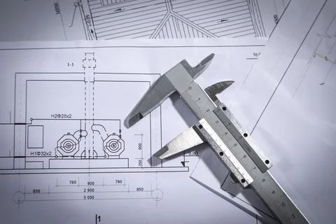 Caliper on engineering drawing blueprint. Stock Photos