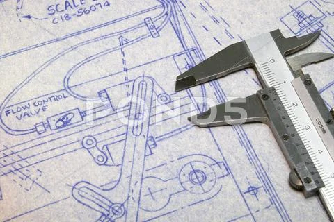 Calipers and Blueprint Stock Photos