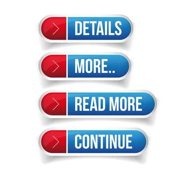 Call to action button set - Details, More, Read more, Continue Stock Illustration