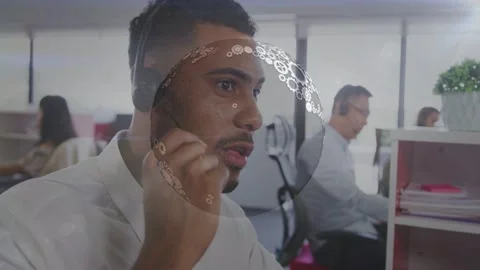 Call agent bringing boom mic closer and speaking to help caller, gear overlay Stock Footage 332577455