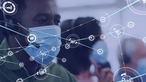 Call agent lifting pen, fixing mic, talking as cart node showing, nodes linking, Stock Footage 334034882
