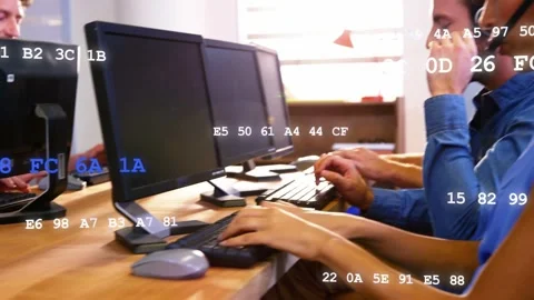 Call agents answering incoming call, typing, hex codes animating across screens Stock Footage 333837790