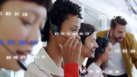 Call center agent fixing headset speaking helping users as lead leaning in, code Stock Footage 333192911