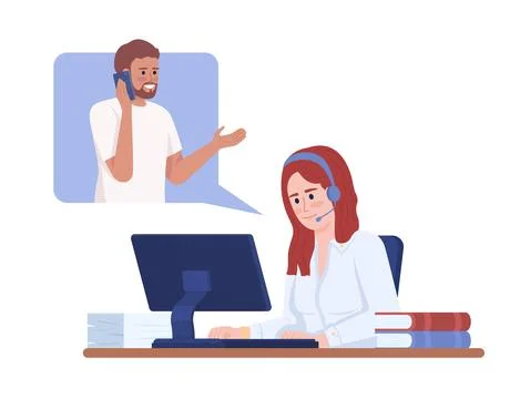 Call center agent gathering feedback from client flat color vector characters Stock Illustration