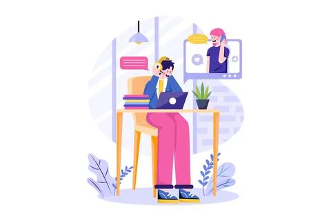 Call center agent with headset working on the support hotline Stock Illustration