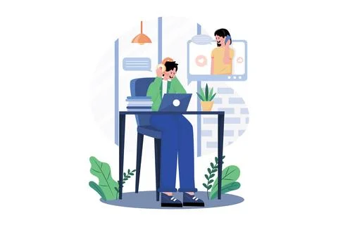 Call center agent with headset working on the support hotline Stock Illustration