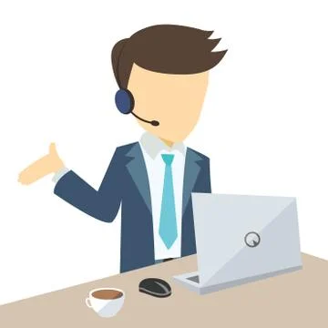 Call center agent with open hand palm, laptop, desk. Flat vector illustration Stock Illustration