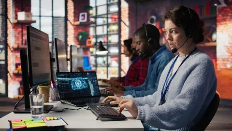 Call center agent uses artificial intelligence to enhance customer interactions Stock Photos