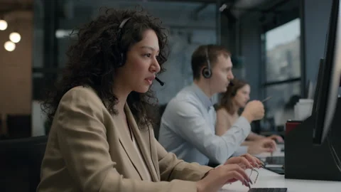Call center and helpful customer service. Use desktop pc at computer table and p Видео 199483159