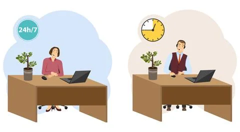 Call center. The call center operator is sitting at the table. Customer 库存插图