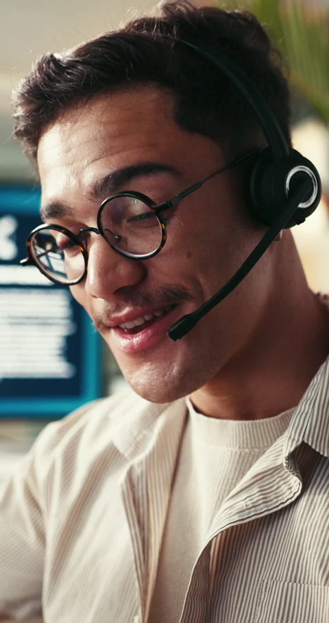Call center, chat and happy man with headset in office, tech support and Stock Footage 333445868