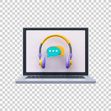 Call center with chat bubble. 3D headphones with chat on laptop screen Stock Illustration
