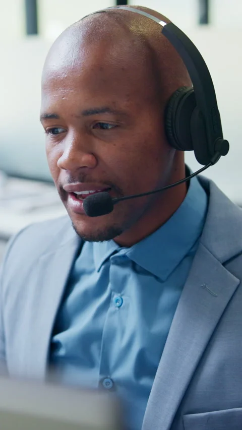 Call center, computer and black man with solution for customer support or Stock Footage 335796430
