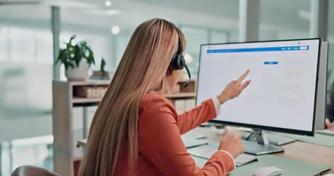 Call center, computer and business woman with headset for financial advice Stock Footage 341459008