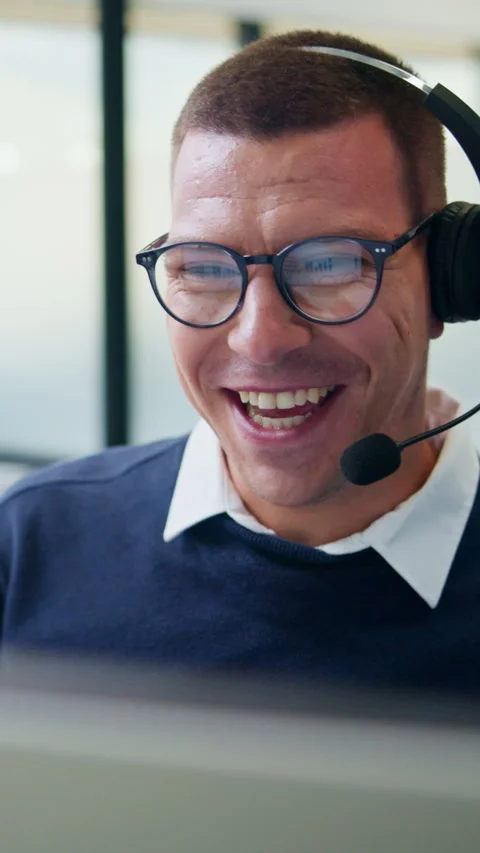 Call center, computer and happy man with online support, advice or customer Stock Footage 335772285
