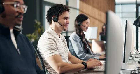 Call center, computer and happy man at help desk for technical support, network 動画素材 340602382
