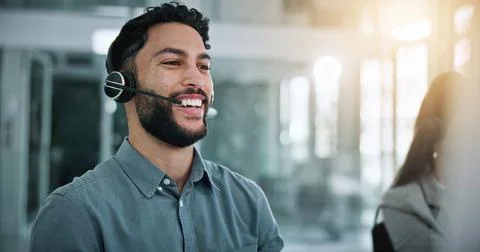 Call center, computer and laugh with business man in office for contact us,.. Stock Photos