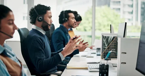 Call center, computer and man in office, conversation and communication with Stock Footage 321831692