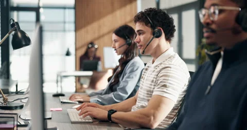 Call center, computer and man at help desk for technical support, network 動画素材 340602323