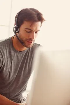 Call center, computer and man thinking of information technology, technical 스톡 사진