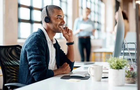 Call center, computer and man with mic for travel agency, crm service and h.. Stock Photos