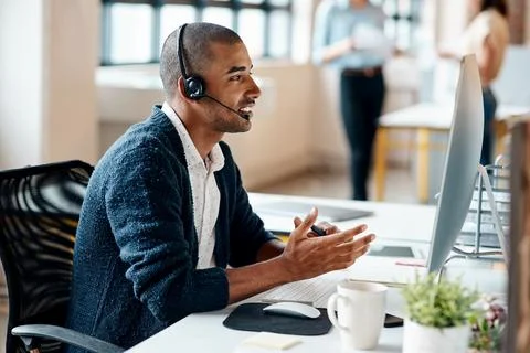 Call center, computer and man with headset for travel agency, booking assis.. Stock Photos