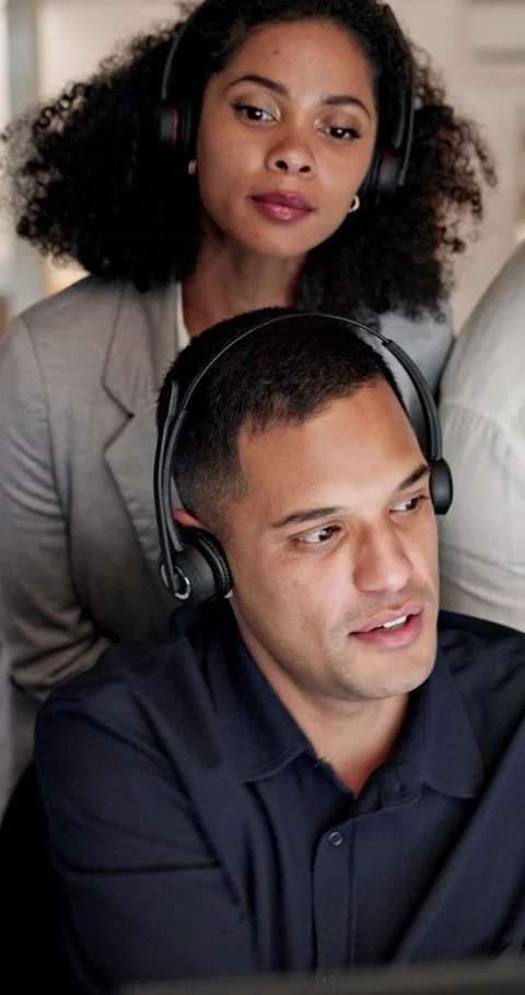 Call center, computer and mentor with business people in office for sales Stock Footage 335808103