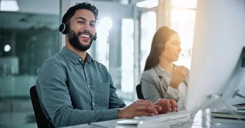 Call center, computer and portrait with business man in office for contact .. Stock Photos