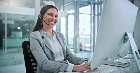 Call center, computer and portrait with business woman for contact us, trou.. Stock Photos