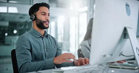 Call center, computer and talk with business man in office for contact us, .. Stock Photos