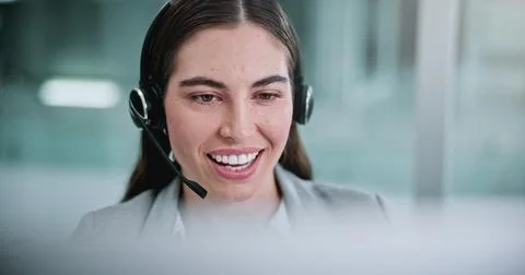 Call center, computer and talk with business woman in office for contact us.. Stock Photos