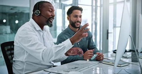 Call center, computer and team with business people in office for contact u.. Stock Photos