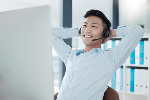 Call center, computer or relax man in success sales deal, customer support crm 스톡 사진