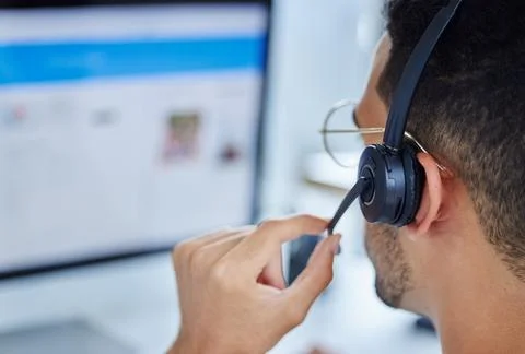 Call center, computer screen and closeup with business man in office for Stock Photos