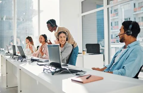 Call center, computer training and people or manager with technical support Stock Photos