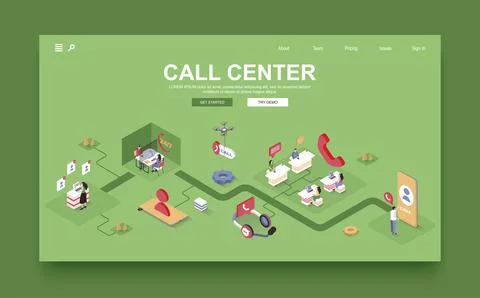 Call center concept 3d isometric landing page template. People work in cust.. Stock Illustration