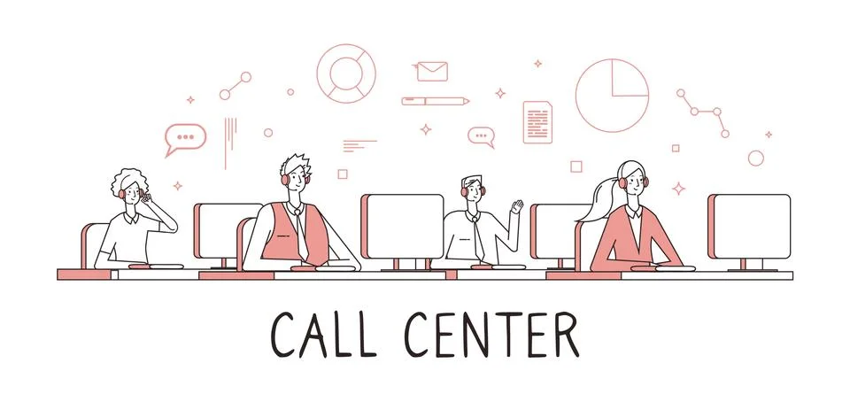 Call center concept. Customer support service help desk services. People work Stock Illustration