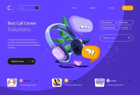 Call center concept in flat cartoon design for homepage layout. Online custom Stock Illustration