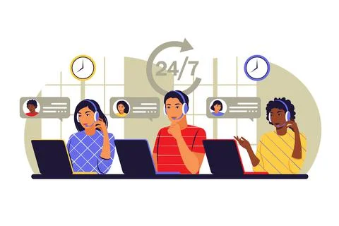 Call center concept. Operators of call center office working in headphones. V Stock Illustration