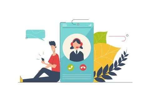 Call center concept with people scene in flat cartoon design. Man calling t.. Stock Illustration