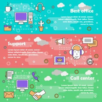 Call center concept vector flat line art banner set Stock Illustration