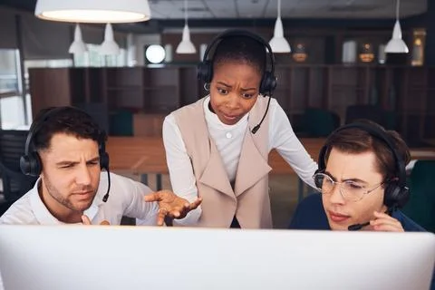 Call center, confused team with problem solving and support, diversity in 스톡 사진