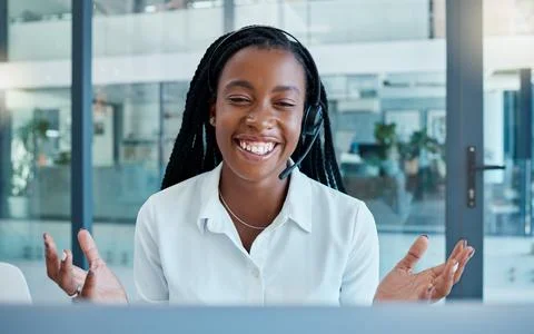 Call center, customer service and video call with black woman for support in Stock Photos